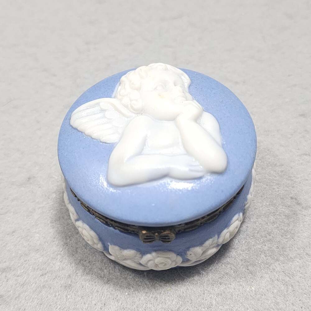 Winged Angel Cherub Floral Hinged Trinket Box Round Blue White Porcelain Bisque